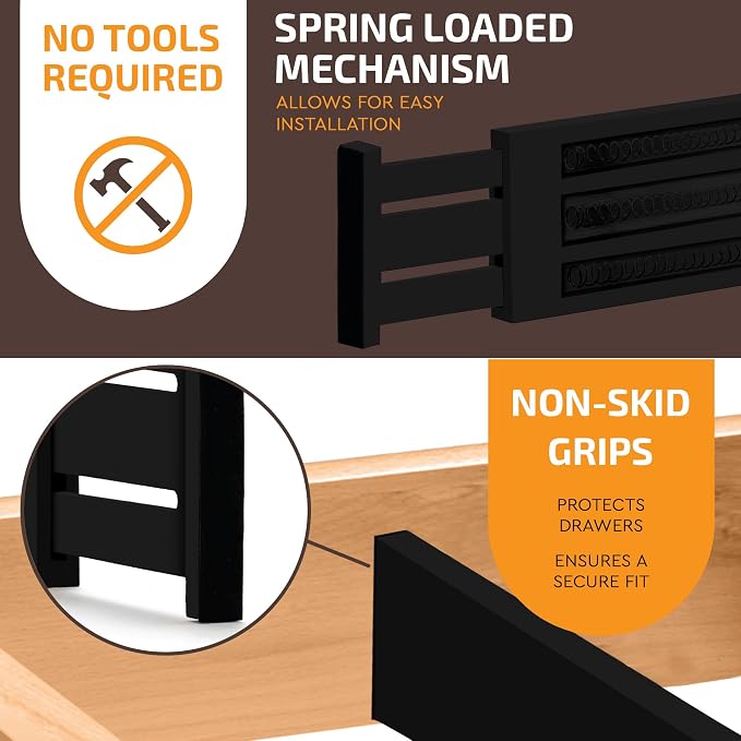 6 Pack Black Drawer Dividers - 6 Inch High for Deep Drawers, Adjustable 11.5 to 17 Inch Expandable Kitchen Drawer Organizer, Spring Loaded Dresser Separator for Clothes, Bedroom, Bathroom, Office - Image 8