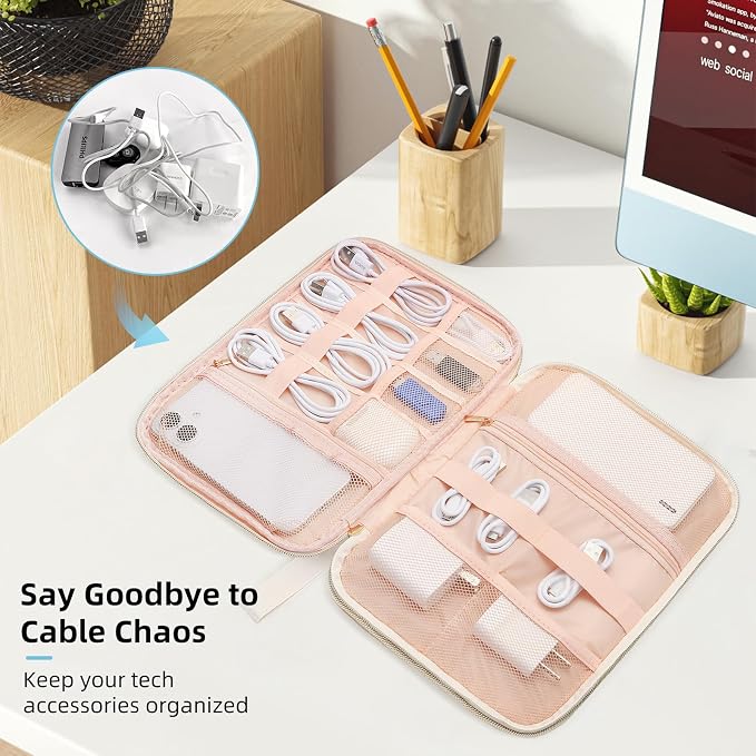 Electronics Organizer Travel Case, Charger Bag Cord Organizer Travel, All-in-One Cable Organizer Bag for Charger, Cords, Phone, Headphones, Flash Drive, SD Card (Beige, Large-Double Layer) - Image 5