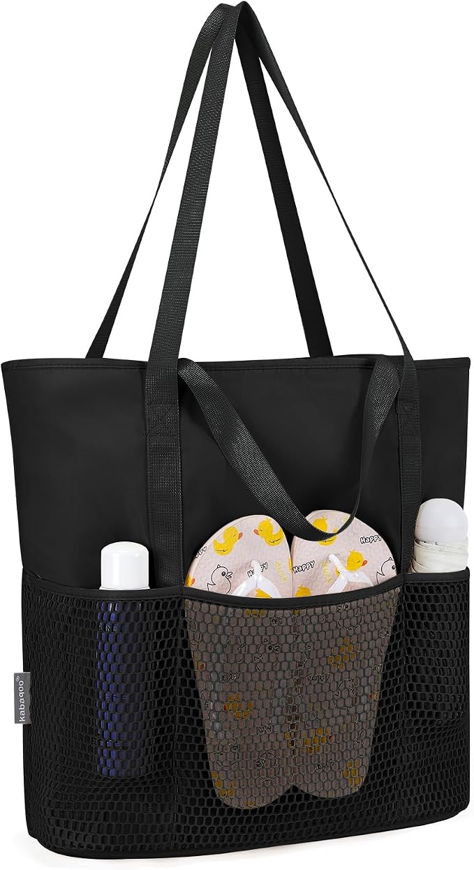 KABAQOO Large Beach Bag Waterproof Sandproof Tote Bag for Women with Zipper & Mesh Pockets for Pool Swim Travel Everyday | waterproof by KABAQOO