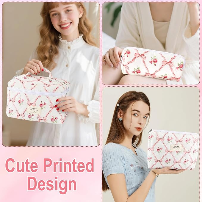 URSKYTOUS 3Pcs Makeup Bag Quilted Cosmetic Bag Set Bow Travel Large Makeup Pouch for Women Cute Portable Cotton Toiletry Bag Skincare Organizer Coquette Vintage Travel Essential - Image 6