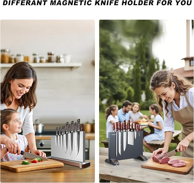 Magnetic Knife Holder Stand,Large Double Sided Magnetic Knife Block WIthout Knives Stainless Steel Magnet Kitchen Knife Holder Strong Magnetic Knife Rack Storage With Three Magnet Strip - Image 6