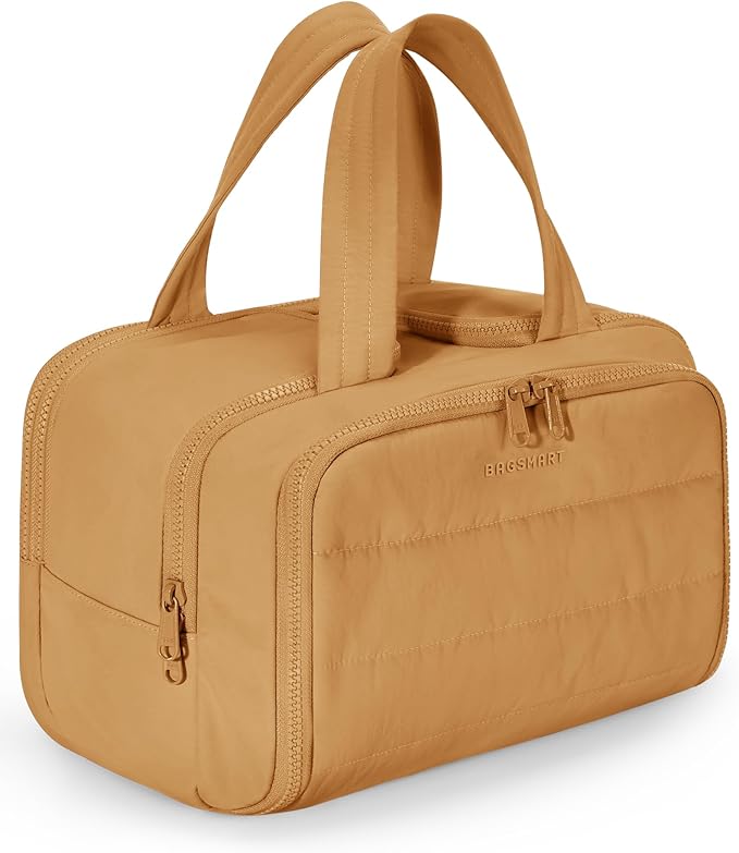 BAGSMART Travel Toiletry Bag, Crush Toiletry Bag for Women, Wide-open Puffy Toiletry Bags for Traveling, Large Travel Cosmetic Makeup Bag Organizer for Accessories,Toiletrie (Brownstone Yellow) by BAGSMART