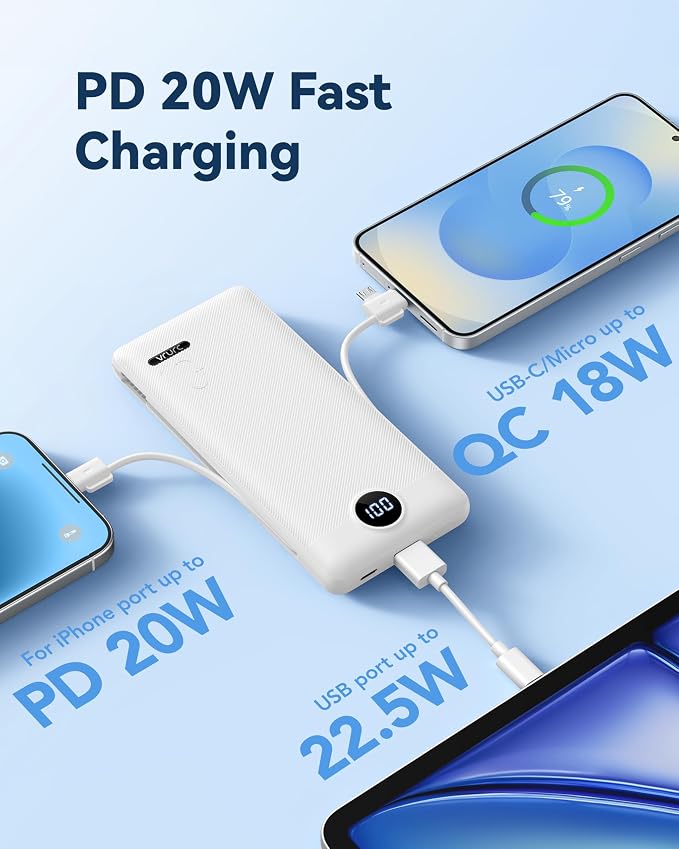 VRURC 10000mAh Portable Phone Charger, Built-in AC Plug & Cables, White | 22.5W fast charging, LED display, built-in Micro/USB-C/Phone cables, airline approved travel accessory,8 oz - Image 4