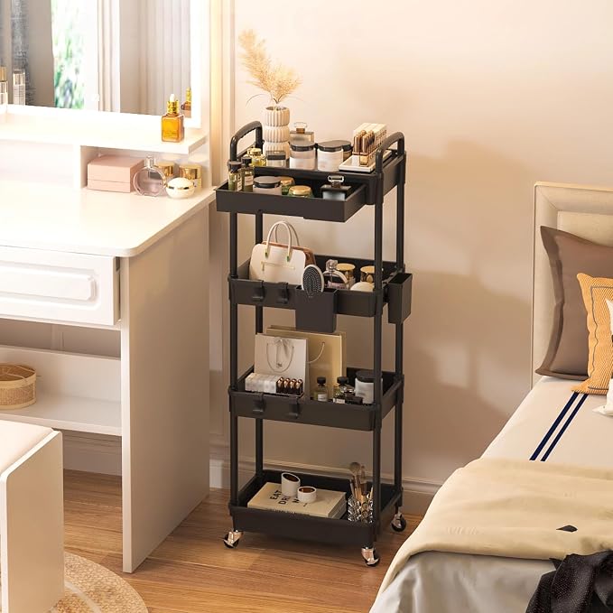 4 Tier Rolling Utility Cart with Drawer, Plastic Storage Organizer Rolling Carts with Wheels Handles Hanging Cups Hooks for Office, Bathroom, Kitchen,Craft Art Room (Black) - Image 9