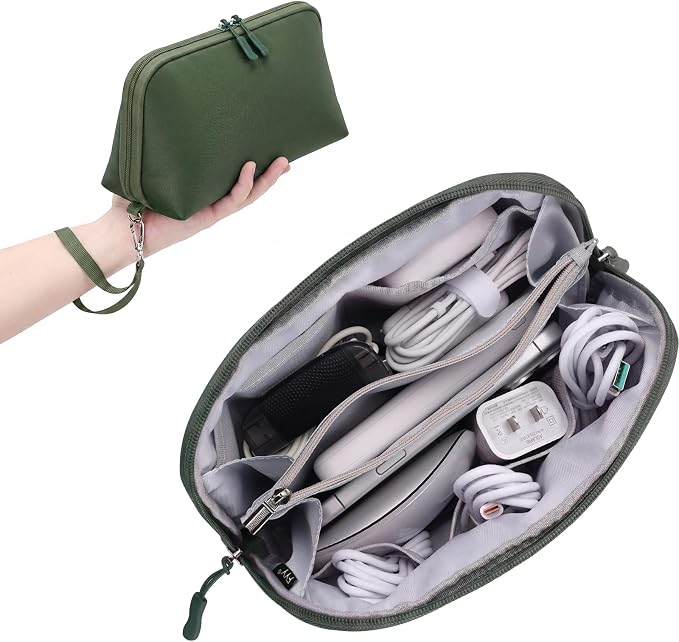 FYY Travel Cable Organizer - 8 Compartments, Lightweight, Water Repellent | With Wrist Strap, Portable Tech Pouch for Cord Charger, Travel and Business Trips Use, Soft Shell Nylon, Green (Large) by FYY