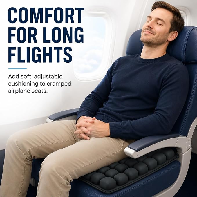 Inflatable Travel Seat Cushion with Built-in Pump - Compact Airplane Seat Cushion for Long Flights - Ergonomic Air Pad for Car, Stadium Bleachers & Desk Chair Comfort (Dark) | Built-In Pump - Image 3