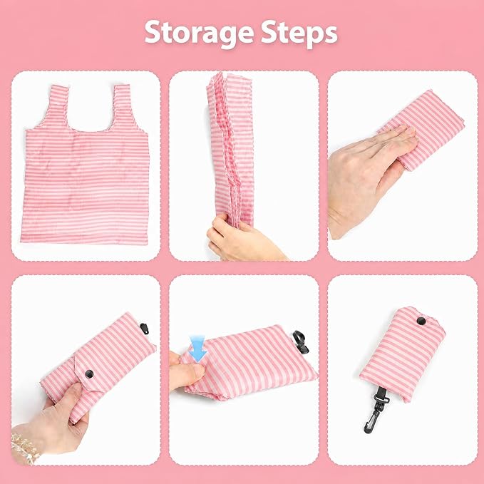 2 Pack Reusable Shopping Bag, Foldable Grocery Bags, Pink | Large Capacity, Washable, Grocery Tote, Utility Travel Shoulder Bag - Image 7