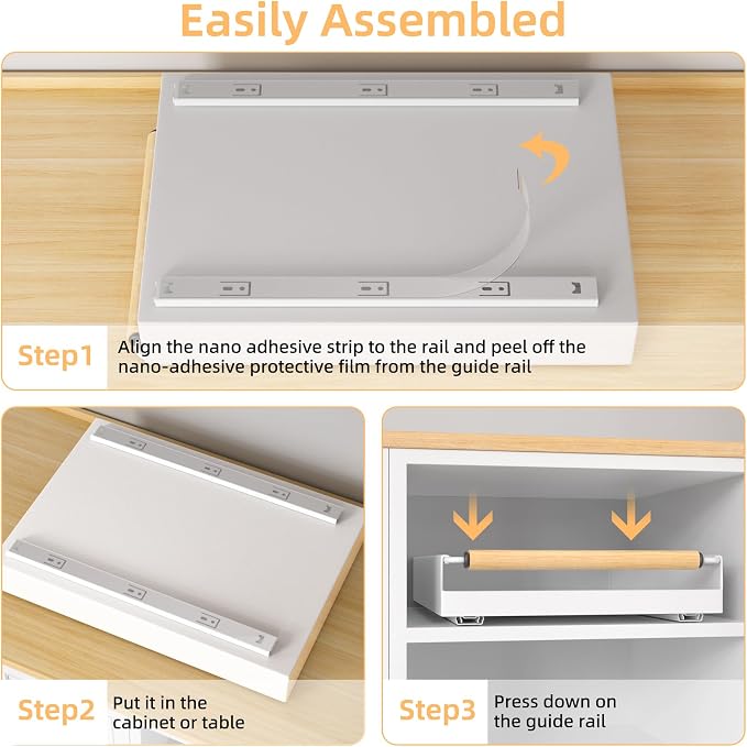 Pull Out Cabinet Organizer, 15.3'' Deep Expandable Slide Out Cabinet Organizer Fixed with Adhesive Nano Film, Slide Out Drawers Pull Out Tray for Cabinet in Kitchen, Pantry, Bathroom, White - Image 8
