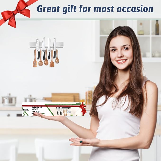 12 Inch Magnetic Knife Holder for Wall - Stainless Steel Magnet Knife Strip No Drill with 5 Hooks/Adhesive Tape/Screws, Kitchen Utensil Holder, Magnetic Knife Organizer, Wall Mounted Knife Storage - Image 7
