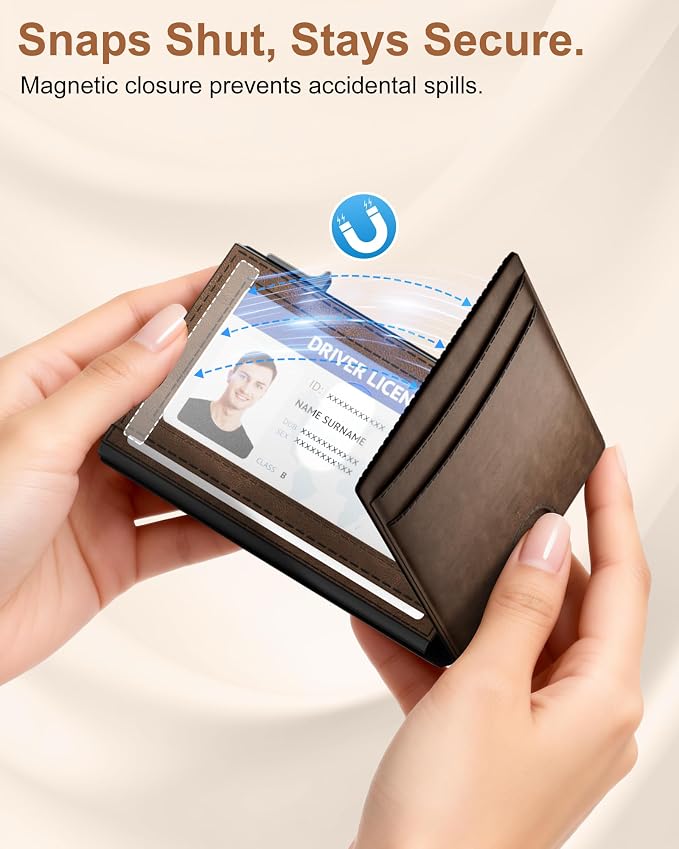 Wallet for Men: Pop Up Card Case, RFID Blocking, Slim, Minimalist, Genuine Leather, Front Pocket, Smart, Thin, Compact, Magnetic Flap Closure - 2 ID Windows, Up to 12 Cards & 15 Bills (Brown) - Image 8