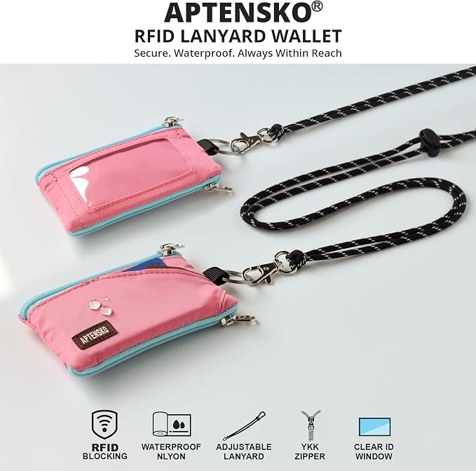 RFID Blocking Travel Wallet with Adjustable Lanyard, Small Nylon Zipper Pouch and Badge Holder for ID, Credit Cards, Cash, Keys, Commuters (Pink) - Image 2