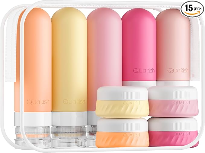 Quatish 15 Pack Travel Bottles for Toiletries, Original Patented, TSA Approved Travel Size Containers, Leak Proof Silicone Shampoo and Conditioner Bottles Women & Men, Airplane Essentials, Macaron by Quatish