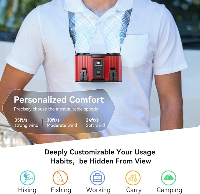 Doublepow 24000mAh Portable Waist Fan, Personal Fan, Dual Air Ducts Motors, Rechargeable Clip On Belt for Working, 10 Speeds 45H Wearable Neck Cooling, for Outdoor Work Travel, Power Outage (Red)﻿ - Image 7