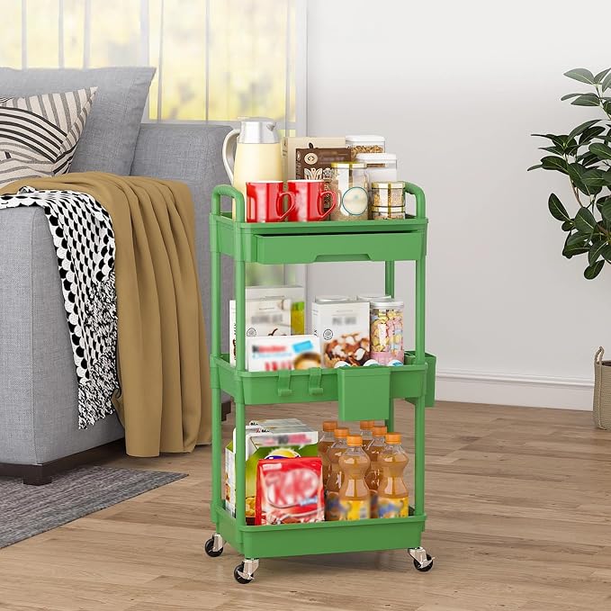 3 Tier Rolling Utility Cart with Drawer, Plastic Storage Organizer Rolling Carts with Wheels Handles Hanging Cups Hooks for Office, Bathroom, Kitchen,Craft Art Room (Green) - Image 8