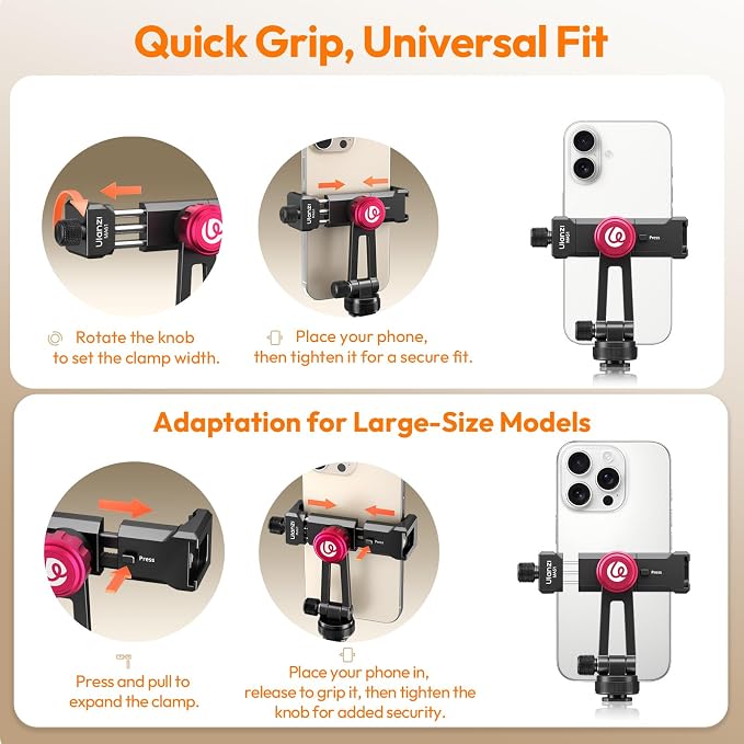 ULANZI MA61 Metal Phone Tripod Mount with Cold Shoe, 360° Adjustable Hot Shoe Camera Phone Mount for iPhone 17 16 15 14 Pro Max, Samsung, Aluminum Alloy Clamp for Vlogging, Live Streaming, Video - Image 4