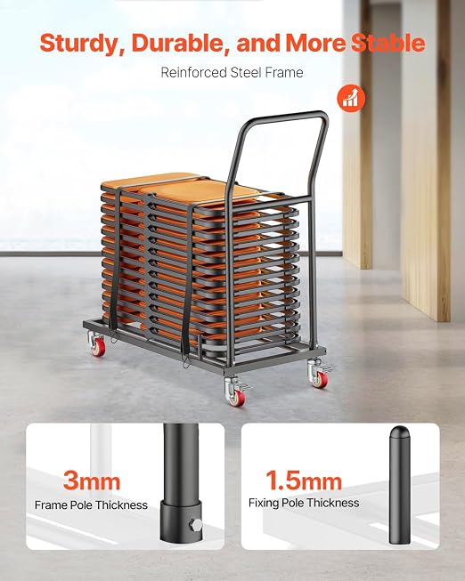 VEVOR Folding Chair Rack, 300 LBS Capacity, L-Shape Horizontal Placement Chair Cart for 25 Chairs, Heavy-Duty Metal Chair Storage Dolly with Rubber Wheels and Holders, Large Chair Holder, Matte Black | 300LBS Folding Chair Rack with Rubber Wheels & Hol... - Image 3