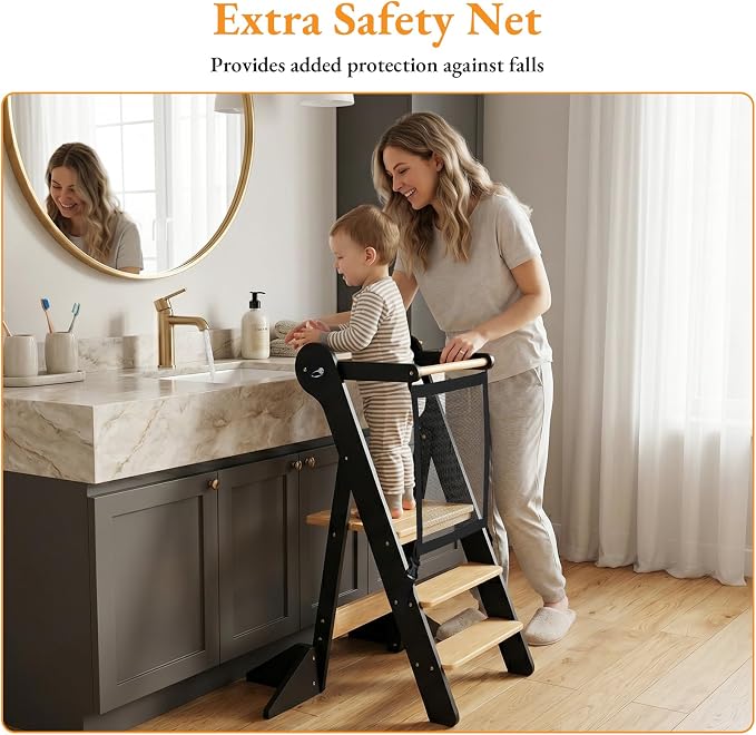 COSYLAND Toddler Standing Tower Foldable Toddler Kitchen Step Stool | Adjustable Height Folding Step Stool for Kids Learning, Cooking - Ages 18 Months-6 Years with Safety Net Natural & Charcoal - Image 6
