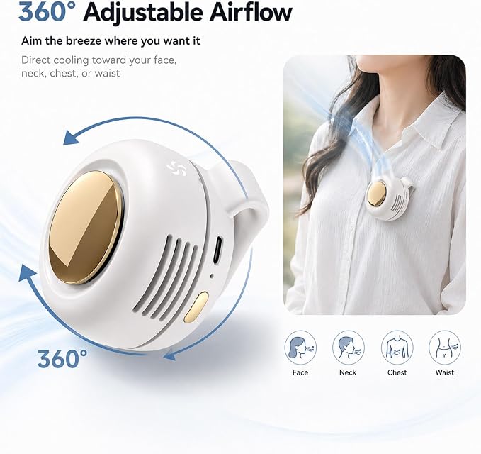 Clip on Fan, Portable Wearable Personal Mini Fan for Shirt & Waist, 3-Speed Quiet Bladeless Rechargeable Fan, USB-C, 360° Adjustable Hands-Free Cooling for Travel Outdoor Office (White) - Image 4