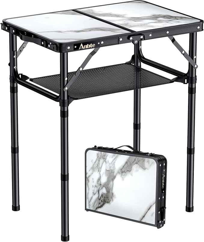 Anbte Folding Camping Table with Storage Net, 3 Adjustable Height Max 28" | Aluminum Small Folding Table Portable, Lightweight Camping Table for Outdoor Indoor Travel Picnic Beach, 24"x 16", White by Anbte