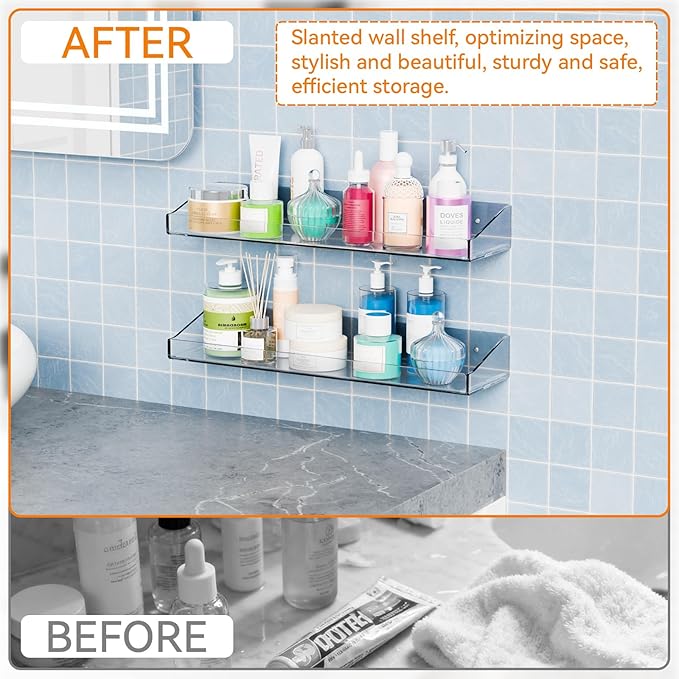 2 Pack Clear Shower Shelves for Tile Walls,Adhesive Acrylic Bathroom Shelves Organizer and Storage,No Drill Acrylic Shower Wall Caddy & Shelf,Floating Shelves for Makeup,Perfume,Shampoo Holder - Image 5