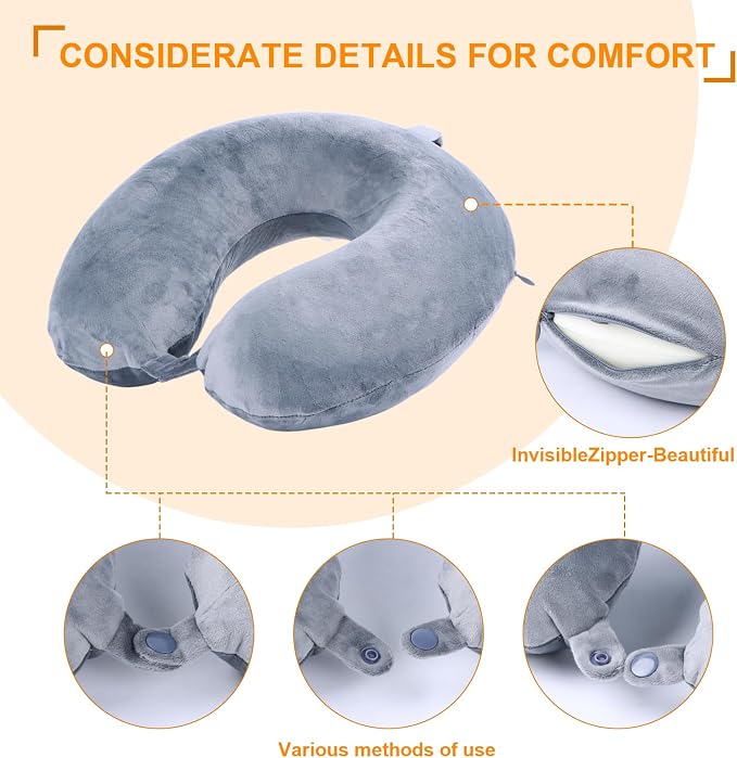 Travel Pillow,100% Pure Memory Foam U Shaped Neck Pillow,Super Lightweight Portable Headrest Great for Airplane, Car,Home,Office,Sleeping Rest (Grey) - Image 5