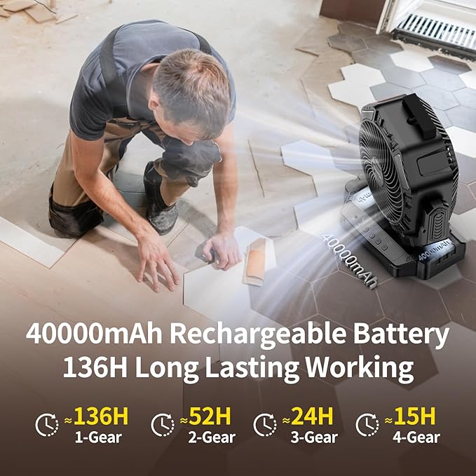 Socool 40000mAh Camping Fan Rechargeable, Battery Operated Portable Outdoor Fan Remote, 136Hrs & 4-Speed Cordless Oscillating, Table Fan with Light & Timer for Tent RV Jobsite Hurricane Power Outage - Image 3