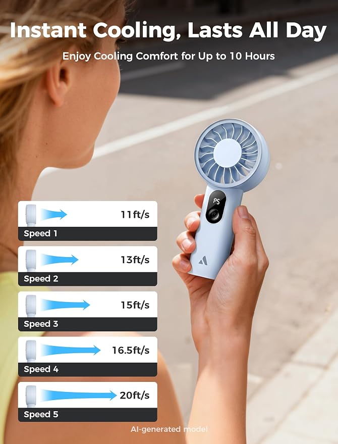 Aecooly Mighty Portable Fan, Powerful Handheld Fan, USB Rechargeable | [10H Max Cooling Time], Mini Personal Battery Powered, Pocket for Travel, Summer, Gifts for Women, Girls -Blue - Image 4