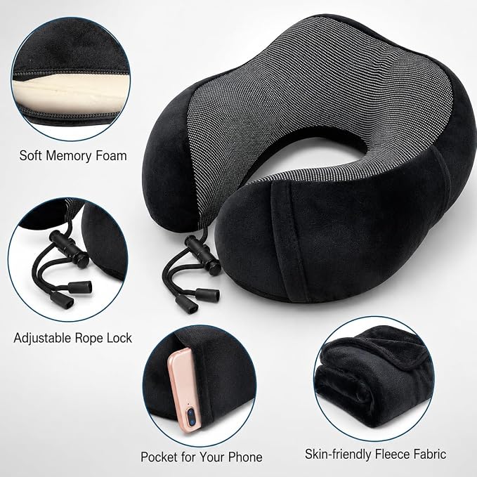 Travel Blanket and Pillow Set - Neck Pillow Airplane Essentials, Black | Memory Foam, Sleep Mask, Earplugs with Bag, Fleece Soft Comfort for Long Plane Flight Traveling Car Road Trip Flying - Image 4