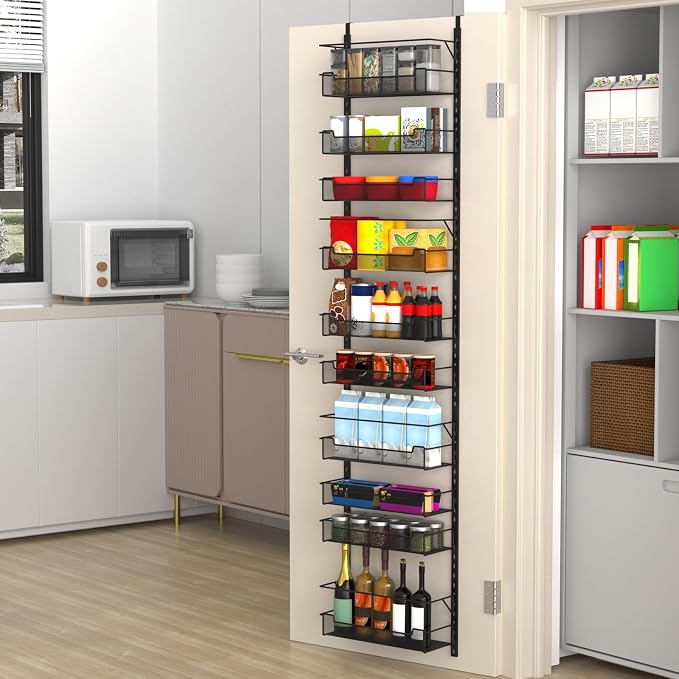 VyGrow Over the Door Pantry Organizer, 10-Tier Over the Door Organizer with Adjustable Basket, Door Organization for Pantry Kitchen Storage Room Spice Rack, Black by VyGrow