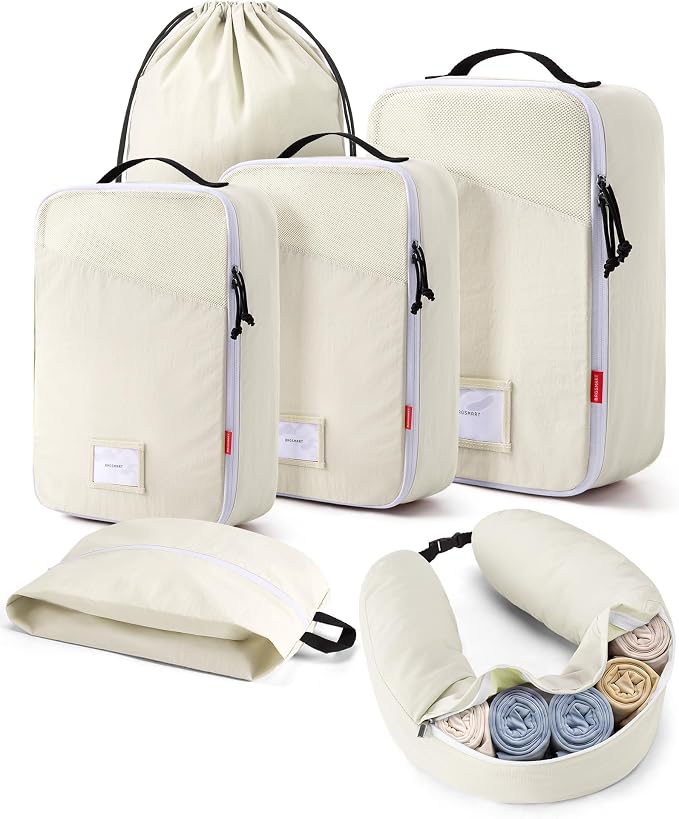 BAGSMART Compression Packing Cubes with Fillable Neck Pillow for Clothes | 1 Wearable Neck Pillow & 5 Travel Bags to Avoid Baggage Fees, Durable, Tear Resistant Washable Taslan Fabric with Card Slots by BAGSMART