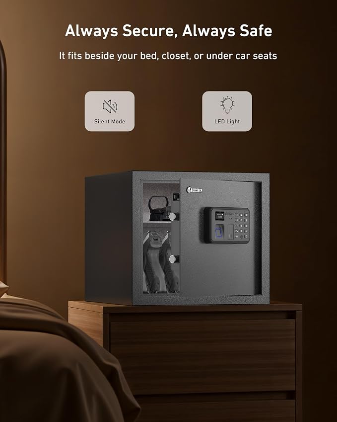 BILLCONCH Biometric Gun Safe for Multiple Handguns Quick Access Pistol Safe | 0.9 Cu Ft Lock Box for Nightstand. Unlock by Fingerprint, Keypad, App or Key. Voice Guide, Silent Mode, LCD Display. - Image 8