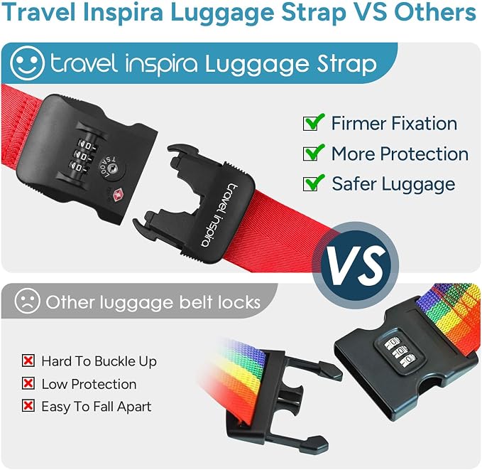 Travel Inspira Heavy Duty Luggage Straps with TSA Lock | Cross-Strap Design; 103-200cm Length; TSA Lock with Tag; Nylon Webbing; Quick Buckle; High Visibility Red;Anti-Burst - Image 2