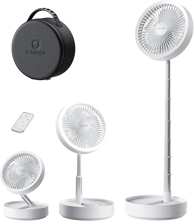 Gaiatop Portable Pedestal Fan 16000mAh Battery [Max 74h Runtime], Foldable Oscillating Standing Fan, Collapsible Desk Fans, LED Light, Case & Remote Control 4 Speeds for Outdoor Travel Camping (White) by GAIATOP