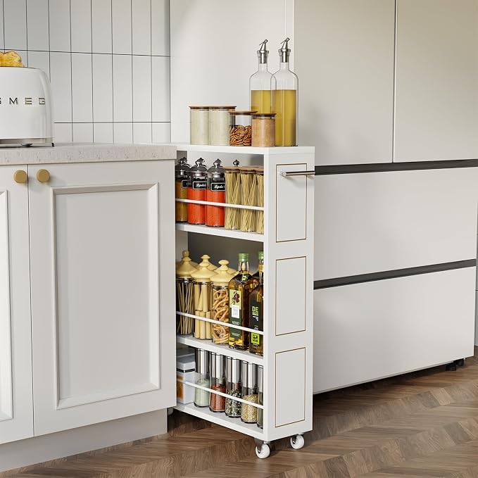 KLM 4 Tier White Slim Storage Cart with Handle, Slide Out Storage Rolling Utility Cart for Kitchen, Laundry, Narrow Places-6.7" W by KLM