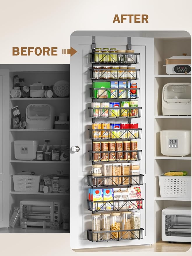 Delamu Adjustable Over the Door Pantry Organizer, 9-Tier Metal Pantry Organization and Storage for Kitchen, Hanging Spice Rack Seasoning Shelves, Cabinet Door Organizer for Easy Install, 16" Black - Image 5