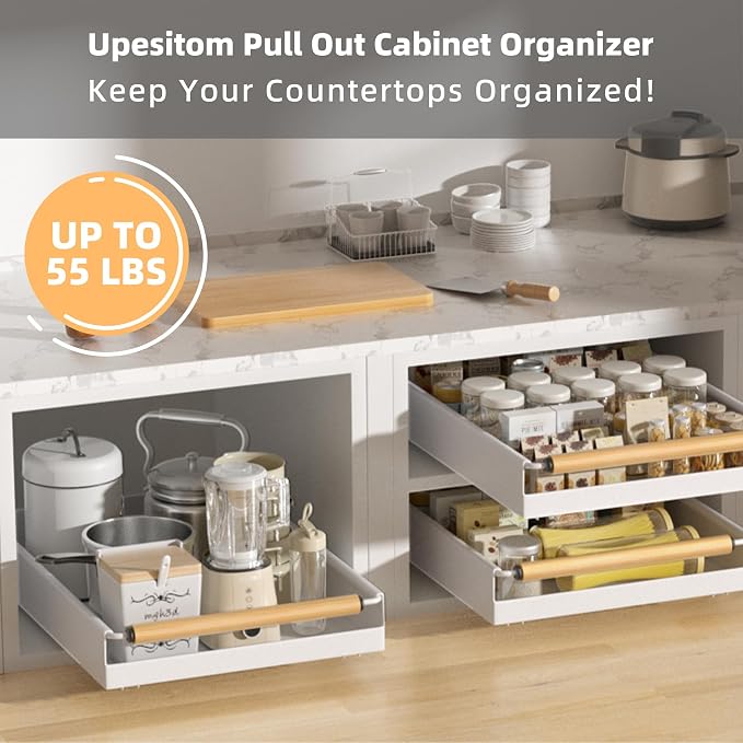 2 Pack No-Drill Pull Out Cabinet Organizer 15.3'' Deep Expandable Slide Out Drawers for Kitchen Pantry & Under Sink Storage, Adhesive Nano Film Mount, White - Image 3