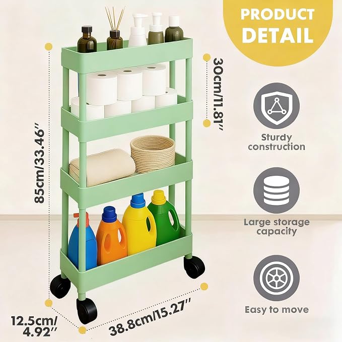 ShellKingdom 4 Tier Bathroom Storage Organizer, Slim Rolling Storage Cart for Narrow Space, Mobile Shelving Unit with Lockable Wheels and Hooks for Bathroom, Kitchen, Laundry Movable Shelf (Green) - Image 6