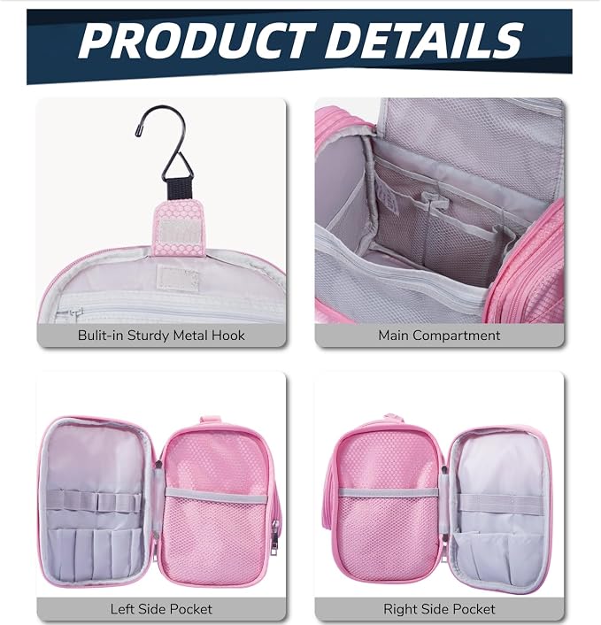 Buruis Hanging Toiletry Bag, Travel Toiletry Bag for Women and Men, Pink | Honeycomb Nylon Design, Large Capacity, Dual Zippers, Sturdy Hanging Hook, Full-Size Toiletry Storage, Cosmetic Essentials - Image 4