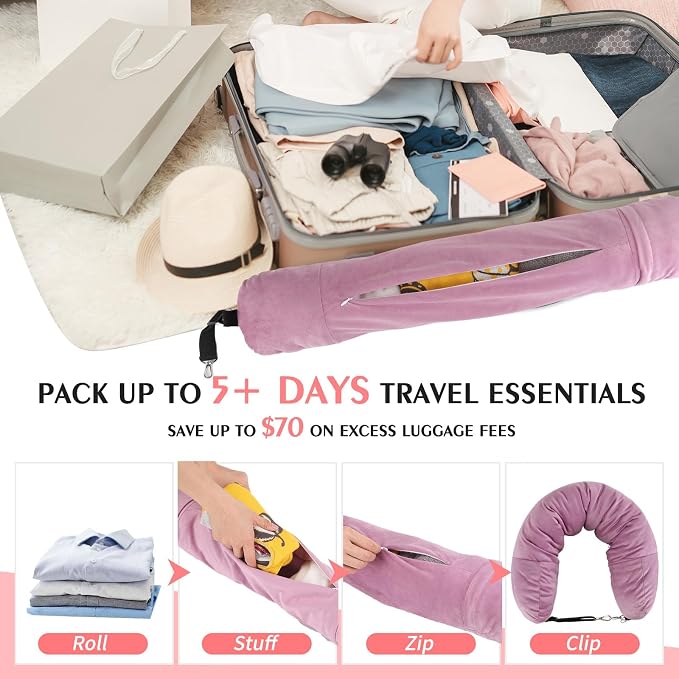 Stuffable Neck Pillow for Travel, Packable Neck Pillow (Pink) | Velvet cover, Stuff with clothes to save luggage space, No extra baggage fees, Fits 5+ days travel essentials, Zipper closure - Image 2