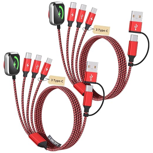 Multi Charging Cable for Multiple Devices with 3Type-C/iWatch Charger, 5FT | Nylon Braided USB C/A Cable, Universal Multiple Phone Charger Cord for iWatch Ultra/11-2, Android, Car, Travel Essentials by MPATIBY
