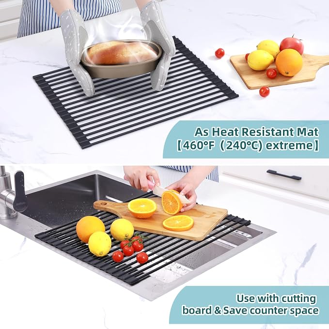 Ohuhu Roll Up Dish Racks, 16.5" L x 13" W Over The Sink Dish Drainer Drying Rack Kitchen Sink Organizer Silicone Wrapped Large in Sink Dish Drying Rack Foldable Rolling Drain Mats Anti-Slip - Image 7