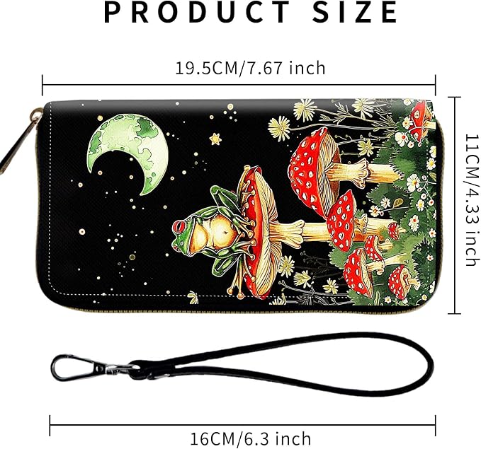 Wallet,Leather Long Wallet Suitable For Ladies And Teenagers - Detachable Wristband + RFID Travel Wallet With Card Slot - Aesthetic Mushroom Frog - Image 2