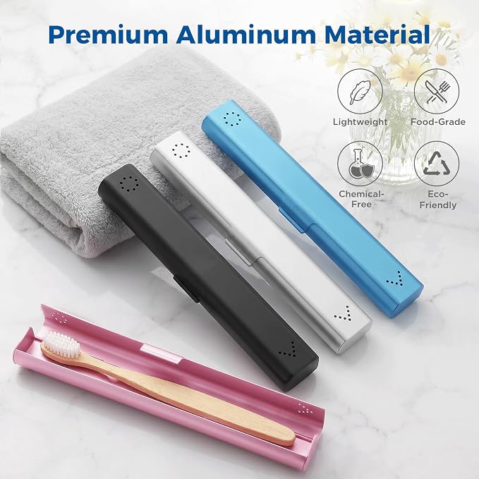 4 Pack Toothbrush Travel Case Aluminum, Portable Toothbrush Holders Travel, Manual Toothbrush Case Container for Traveling, Bathroom, Camping, Business Trip(Black, Silver, Pink, Blue) - Image 2