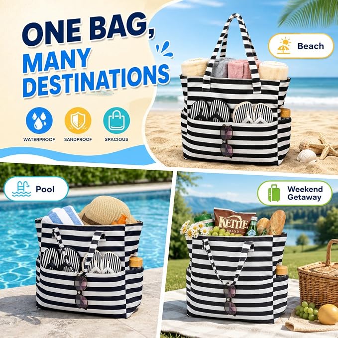 LEDAOU Beach Bag Waterproof Sandproof Women Beach Tote Pool Bag with Zipper for Swim Gym Grocery Travel with Wet Pocket | Sandproof - Image 4