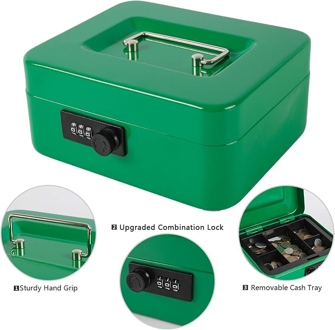 xydled Cash Box with Money Tray,Locking Cash Box with Combination Lock,Money Box with Removable Coin Tray,Medium,9.84 inchx 7.87 inchx 3.54 inch,Green - Image 6