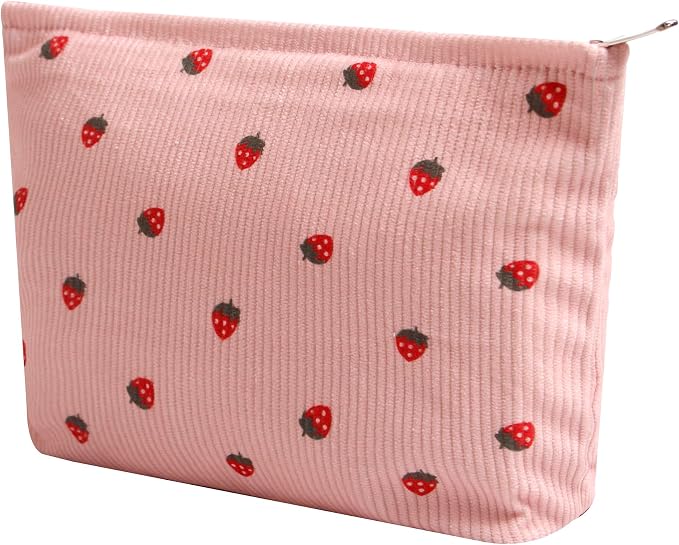 Cosmetic Bags for Women - Corduroy Cosmetic Bag Aesthetic Women Handbags Purses Smile Dots Makeup Organizer Storage Makeup Bag Girls Case Bags (Flowers-Pink strawberry) by Gardsell