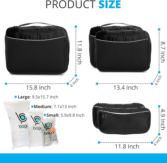 bago 8 Pcs Packing Cubes for Travel - 5 Travel Packing Cubes for Suitcases with 3 ZipLock Bags, Luggage Organizer Bags to Get Maximum Storage, Save Time & Effort to Pack (Black) - Image 2