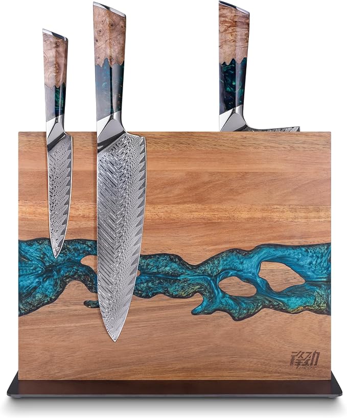 Magnetic Knife Block, Double Sided Holder, Powerful Magnet Kitchen Storage, Acacia Wood and Blue Resin (12 x 10 Inches, Without Knives) by FINDKING