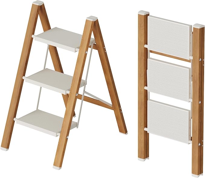 Mayi Plus 3 Step Stool Foldable, Aluminum, Lightweight Step Ladder | Extra-wide anti-slip folding steps with 330 lbs, for home,kitchen,office,outdoor,White & Woodgrain. by MAYIPLUS