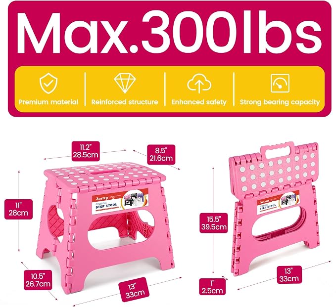 12 Pack 11 Inch Folding Step Stool, Sturdy Plastic Foldable Step Stool for Kids & Adults, Non Slip Lightweight Collapsible Foot Stools Holds 300 lbs, Ideal for Kitchen, Bathroom, Outdoor, Pink - Image 4